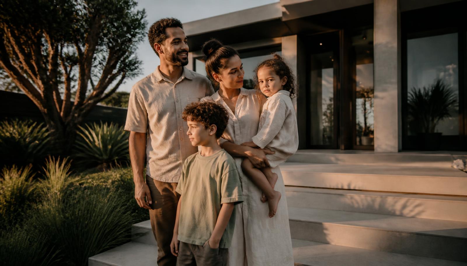 A family outside their home at golden hour